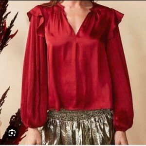 Elegant Red Blouse with Ruffled Sleeves